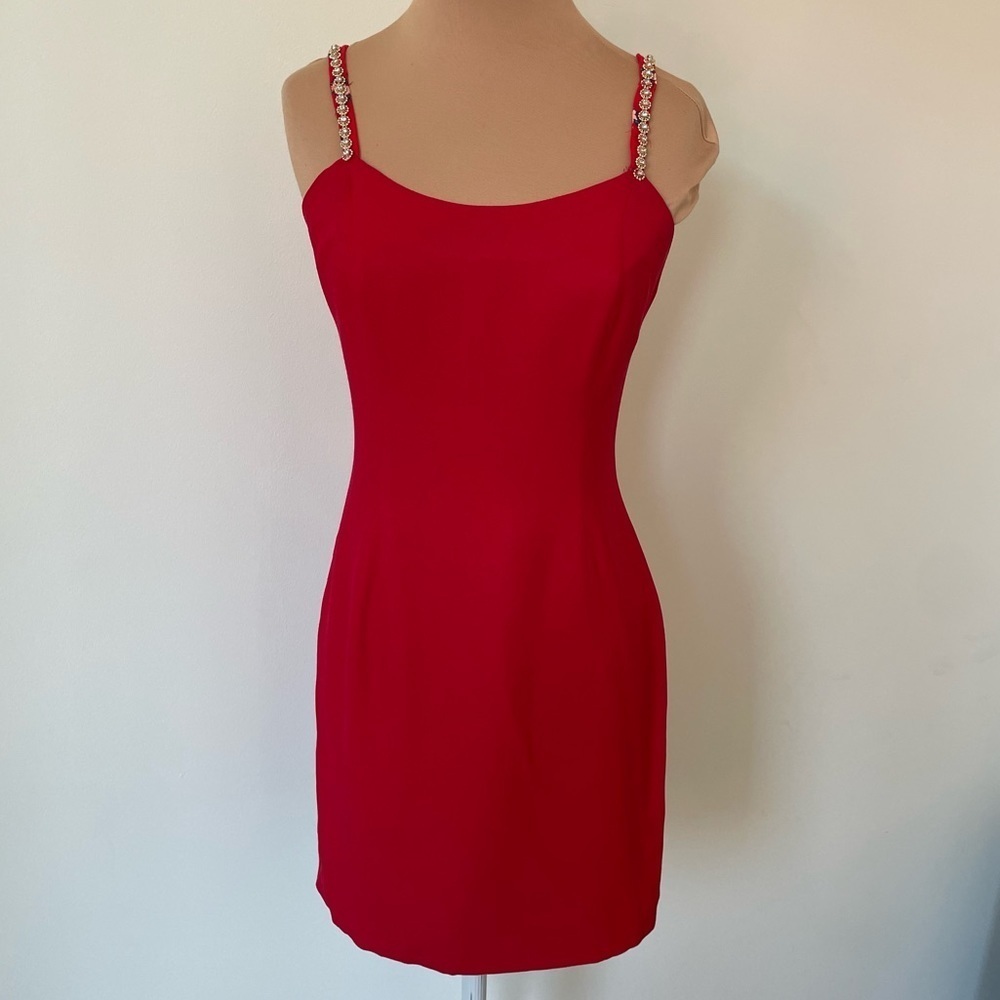 Jessica McClintock Gunne Sax Vintage Embellished Strap Red Mini Dress Size 3/4